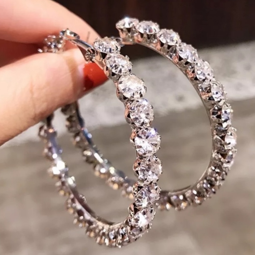 **NEW STERLING SILVER RHINESTONE  HOOP EARRINGS